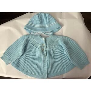 Vintage 100% Orlon Baby Girl Blue Cardigan and Bonnet Set Size 68 (6 Months)